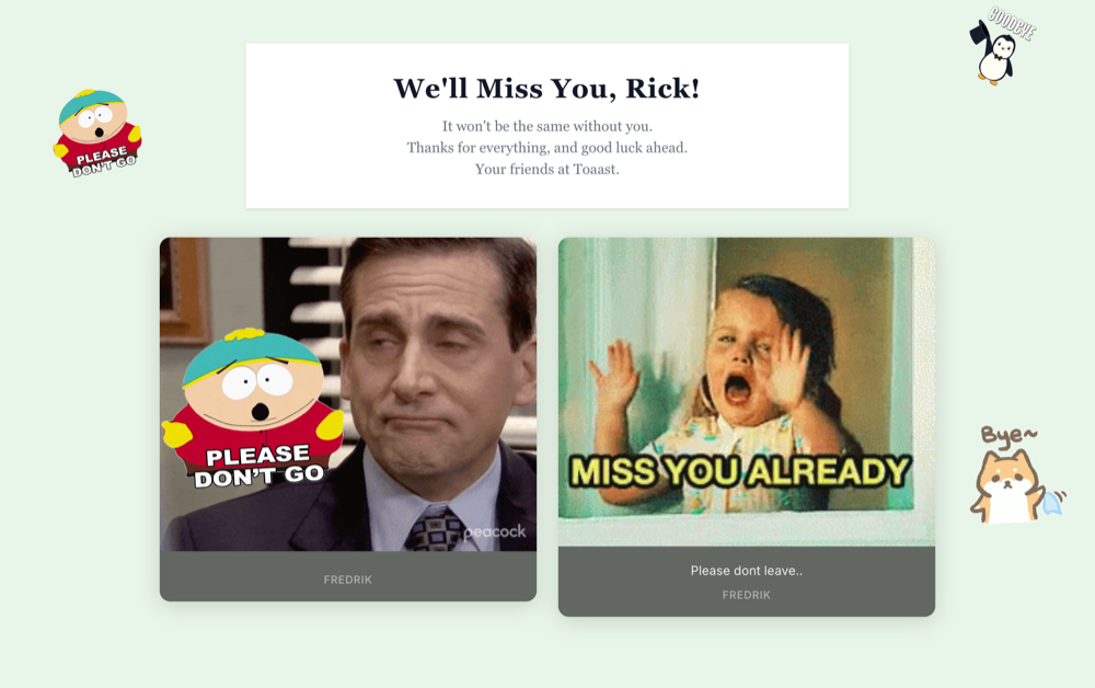 A farewell card made with Toaast — “We'll Miss You, Rick!”